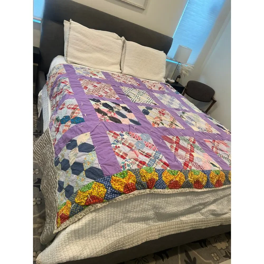 vintage 60-70's handmade patchwork quilt blanket twin size cottage core 6X5